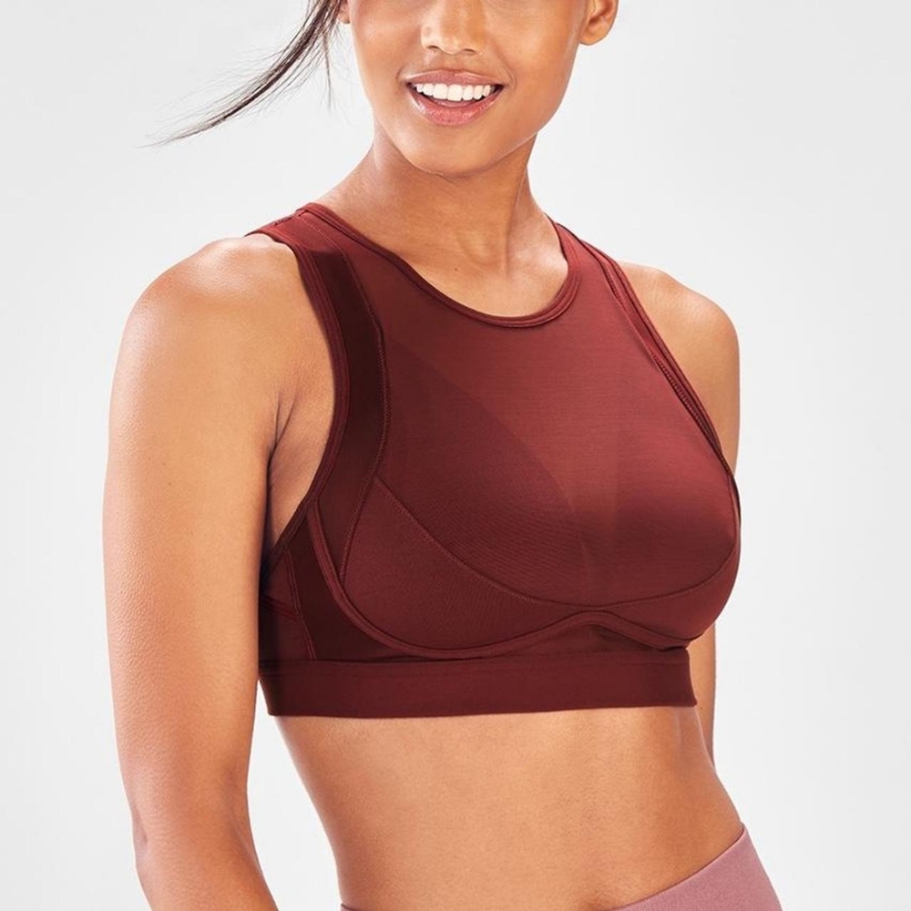 Fabletics High Neck Mesh Open Back Sports Bra Burgundy S